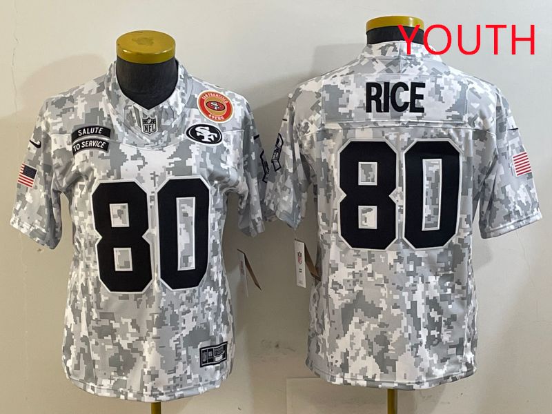 Youth San Francisco 49ers #80 Rice Nike Arctic Camo 2025 Salute to Service Limited NFL Jersey style 6->youth nfl jersey->Youth Jersey